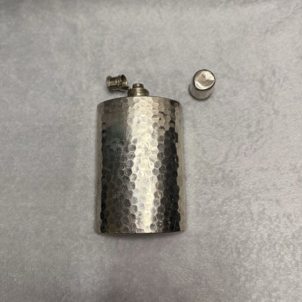 Vintage Tin-Lined 10 oz Hammered Silver Metal Hip Flask Screw Cap West Germany